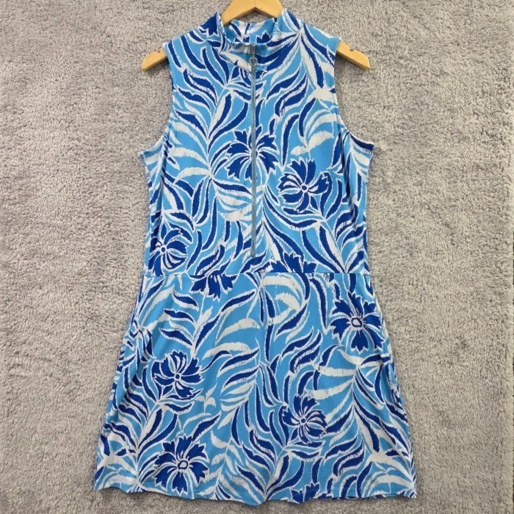 Susan Graver Liquid Knit Sleeveless Zip-Front Skort Dress Medium Blue Floral